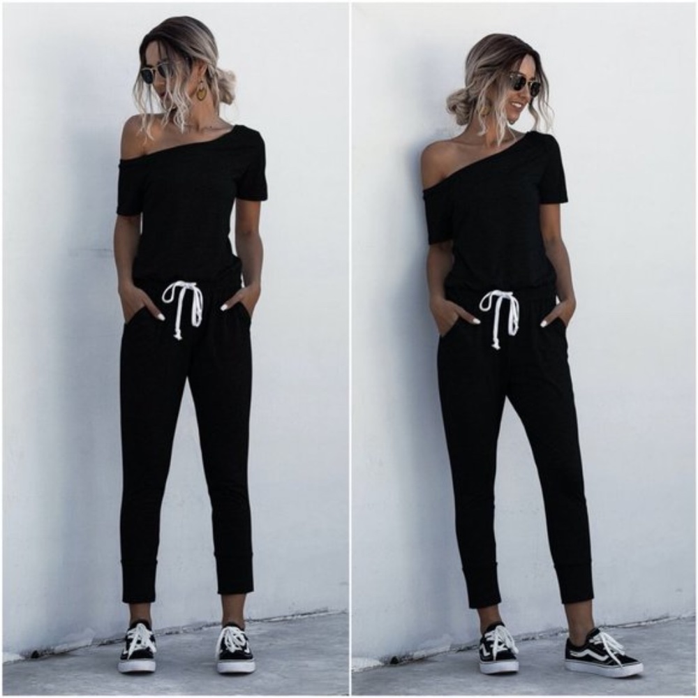 IN STOCK - EMILIE Off Shoulder BLACK Jumpsuit - Picture 2 of 3